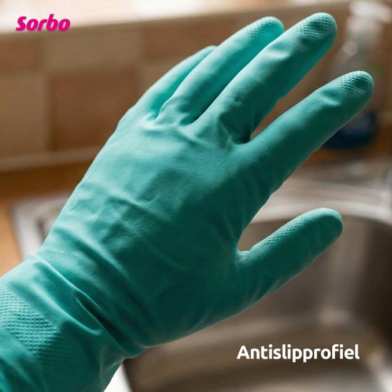 Turquoise huishoudhandschoen met antislip profiel op de vingers.