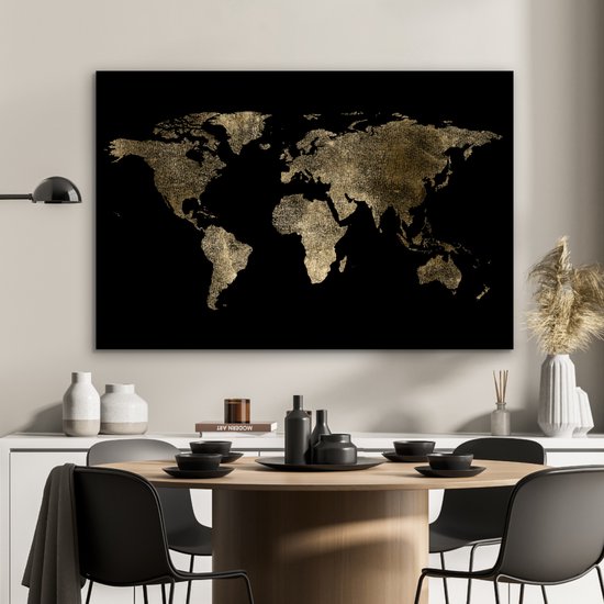 Aluminium schilderij 90x60 cm - Wanddecoratie metaal - Wereldkaart - Goud - Zwart - Aarde - Luxe - Metalen muurdecoratie woonkamer - Decoratie industrieel - Foto op dibond - Industriële accessoires slaapkamer
