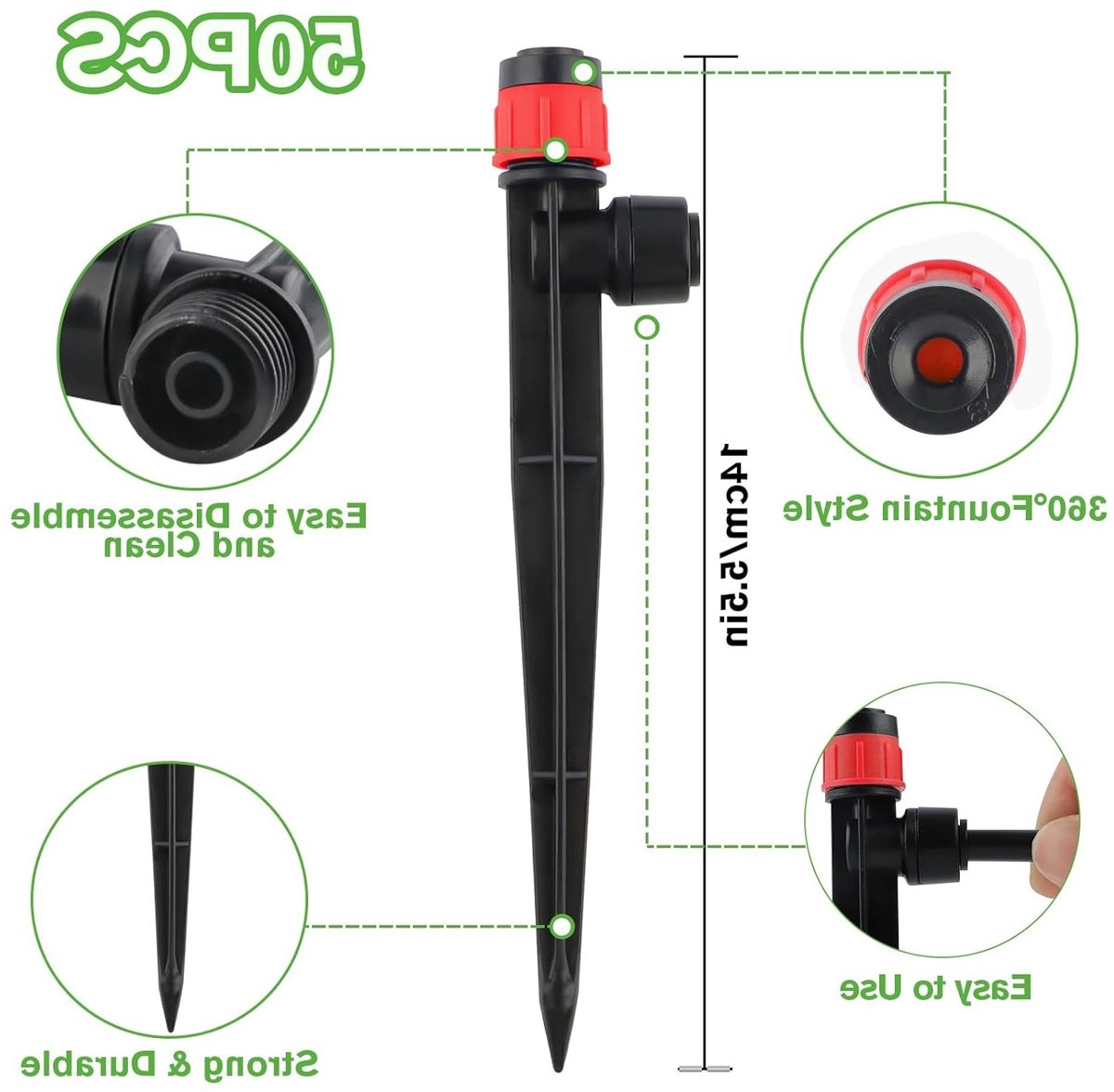 Verstelbare druppelradiator voor waterirrigatie, 360 graden sproeier voor 1/4 inch slangen, druppelirrigatie emitter voor tuinplanten en bloemen (50P, rood)