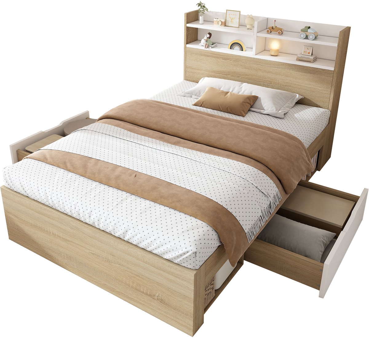 intebiki houten eenpersoonsbed - 90x200cm - Gestoffeerd bed van wit eikenhout met opbergruimte - 2 lades en open vakken - Hoofdbord - Geen matras - Lattenbodem - Tweekleurig - Plank in het hoofdbord - Gedeeltelijk massief hout - Opbergruimte Eiken, wit