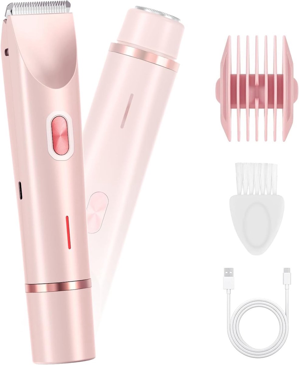 Bikini trimmer geschikt voor dames 2-in-1 met dubbele kop – Waterdicht, pijnloos elektrisch scheerapparaat geschikt voor schoonheid, haar, gezicht, benen en oksels – Draagbaar draadloos scheerapparaat, snel opladen, gemakkelijk schoon te maken (roze)