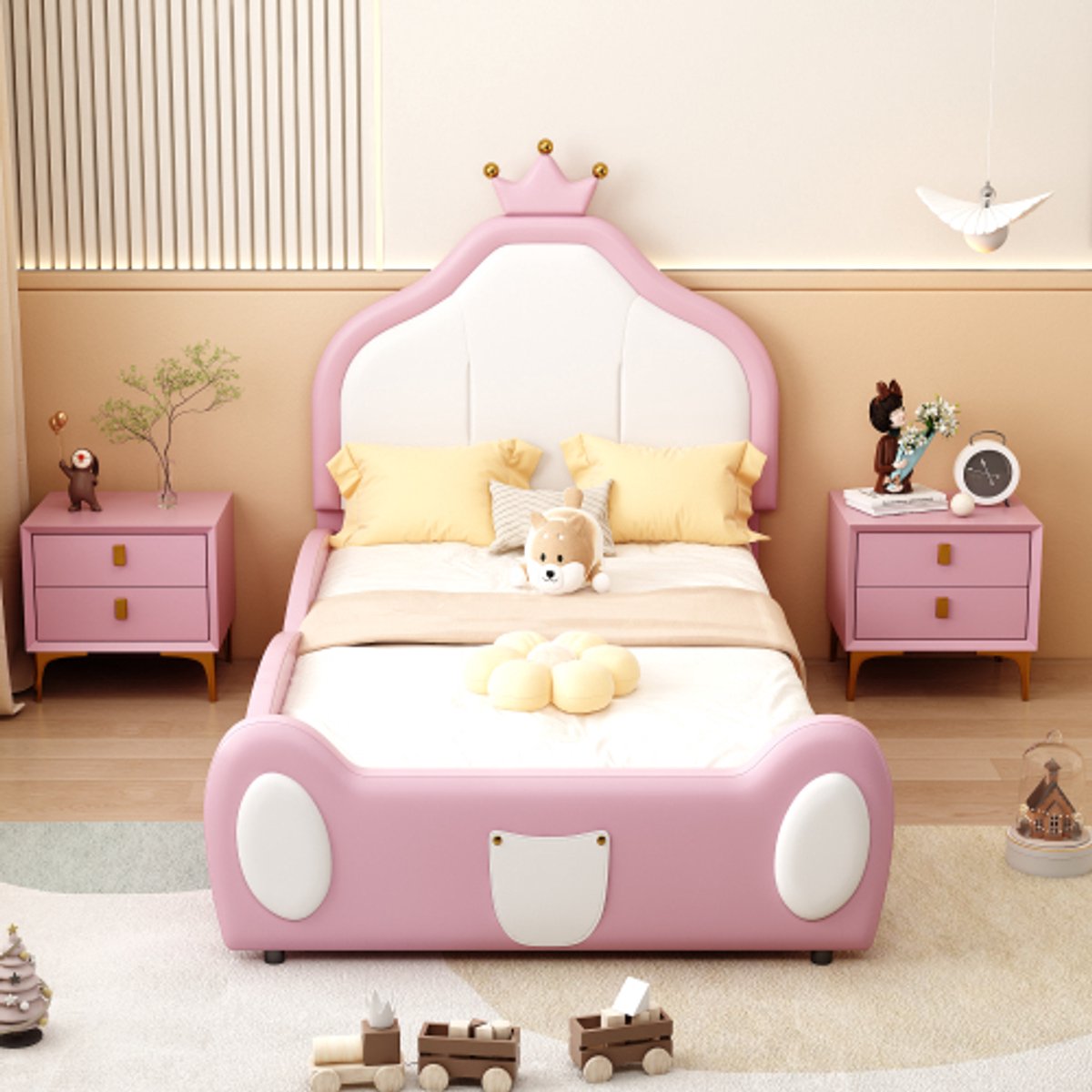 Zubaliya Kinderbett - 90x200 cm Roze - Kunstleer - Kroonlijst - Patchwork design