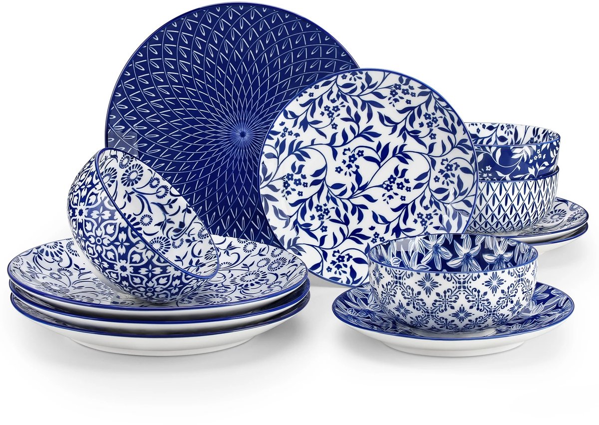 CINK Living® Blauw Wit Serviesset 12-Delig – Chinees Porselein Servies – Borden en Kommen Set – Luxe Tafelservies Blauw Wit