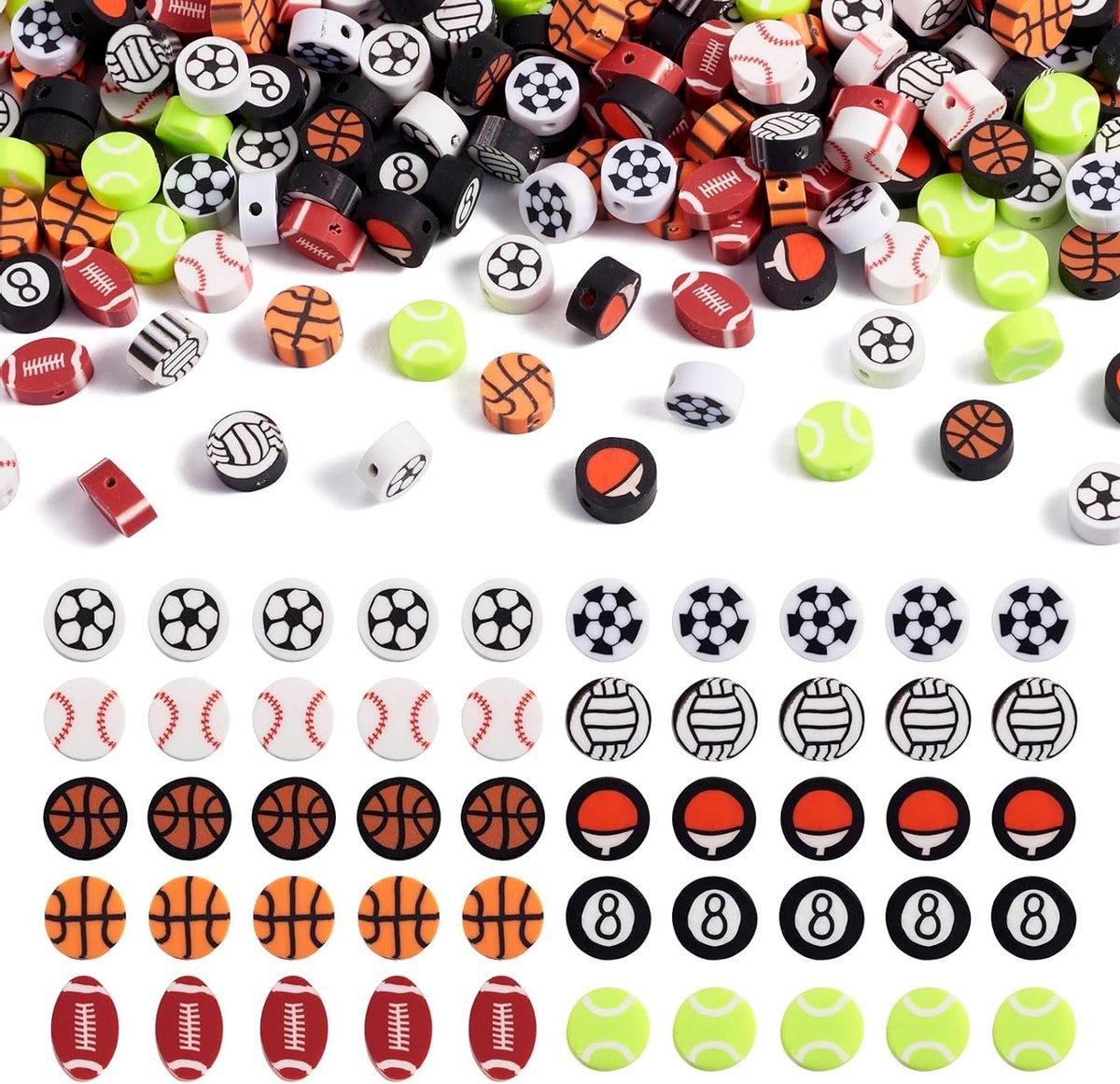 200 Stuks Sportballen Polymer Klei Kralen voor DIY Sieraden Maken - Baseball, Basketball, Rugby en Voetbal Kralen