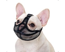 Muilkorf voor Franse Bulldog - Hondenmasker - Bedekt het voorhoofd niet - Huisdiermasker - Geschikt voor honden met een korte snuit - Anti-bijten, anti-kauwen, anti-blaffen - Verstelbaar ademend gaas (maat M, zwart)