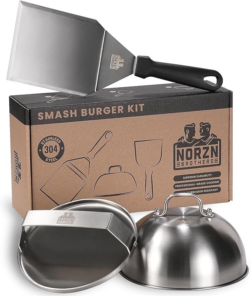 Smash Burger Kit – RVS 304 Pers, Spatel en Cloche
