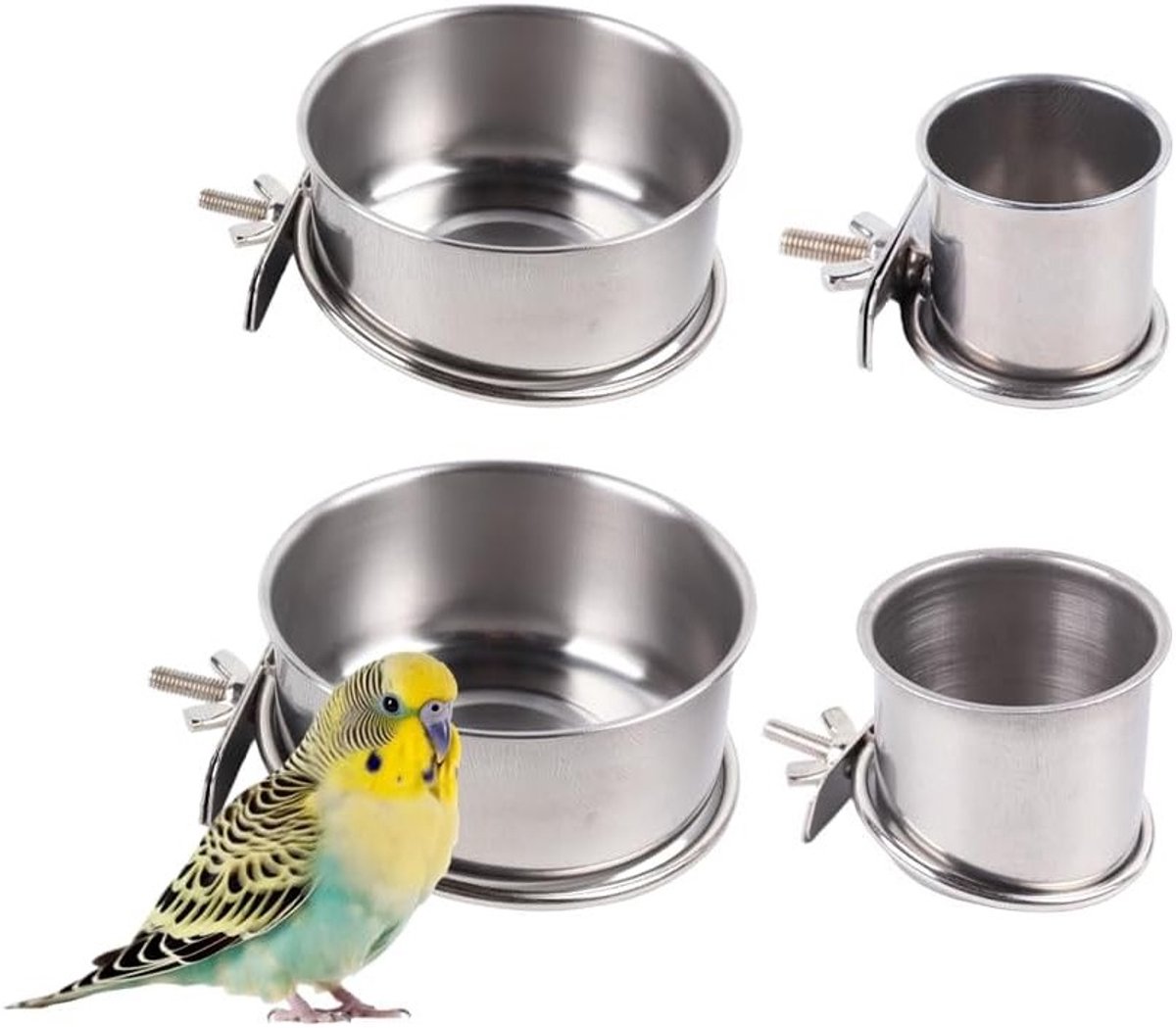Set van 4 Rvs Vogelvoeders, Parrot Feeder Cups, Hangende Vogelkommen, Accessoires voor Parkieten en Kooi Dishes