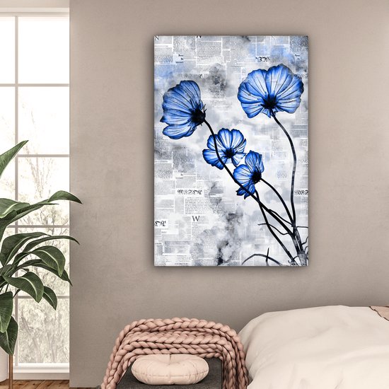 Toile Peinture Fleurs - Journal - Blauw - 80x120 cm - Décoration murale