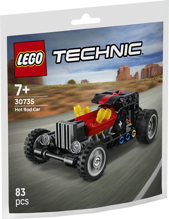 LEGO Technic Hot Rod auto (30735) met rode motorblokken en zwarte body.