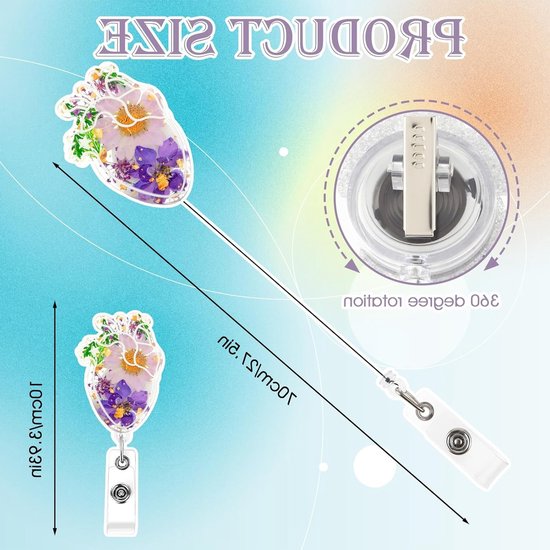 Drogende Bloemen Badge Reel met Krokodillenclip, Retractable Hart ID Houder, Schattige Bloemige Resin Naamtag voor Verpleegkundigen en Zorgprofessionals — afbeelding 2