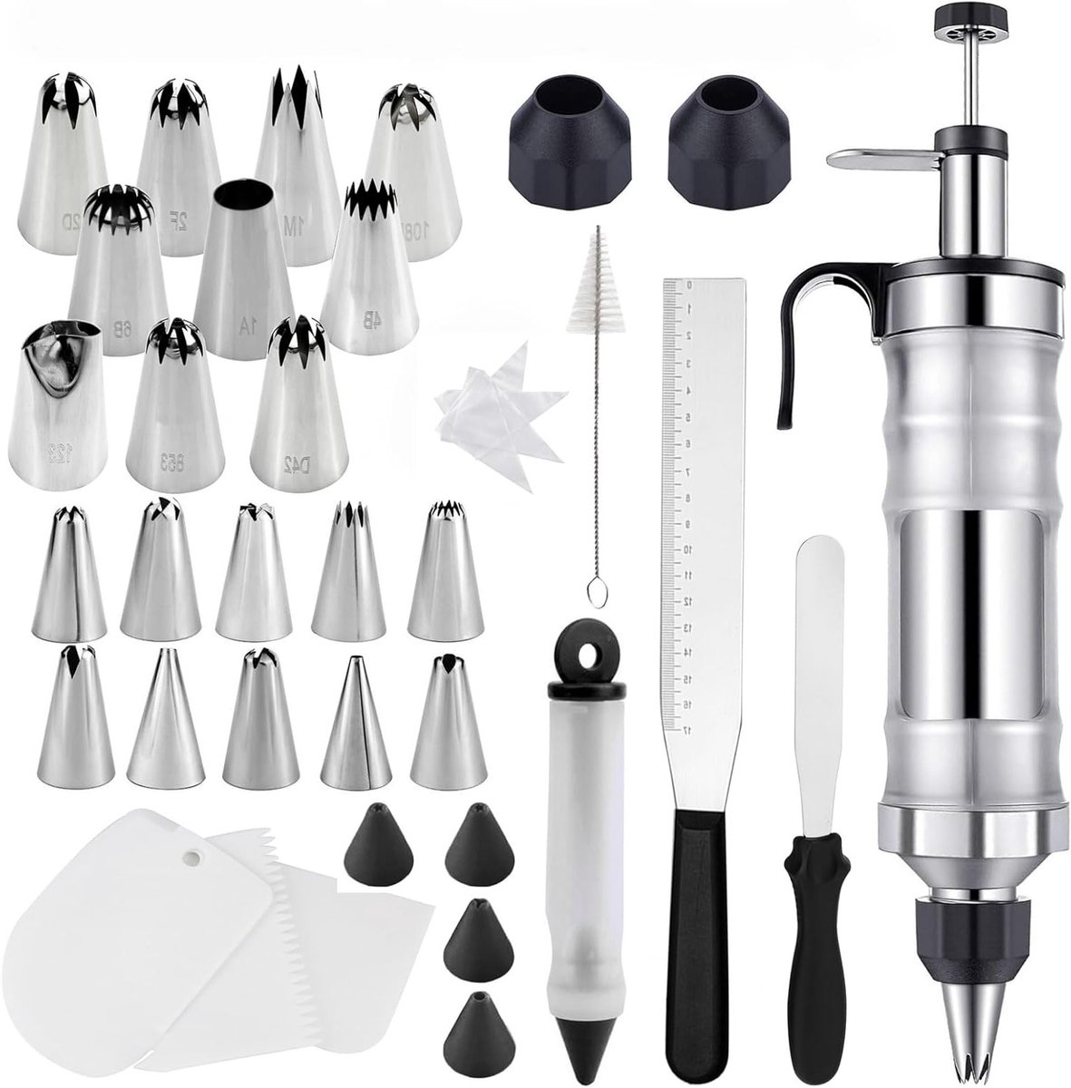 Complete set van 34 delen met 20 spuitmonden, decoratiepen en taarten- en cupcakespuiten voor het versieren van gebak en desserts