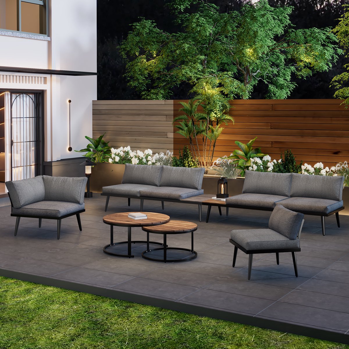 MIVRAY Loungeset 6-Delig 160 x 64 x 75 cm - Modulair Met 2 Tafels En Kussens - Voor Terras En Tuin - IJzer Grijs