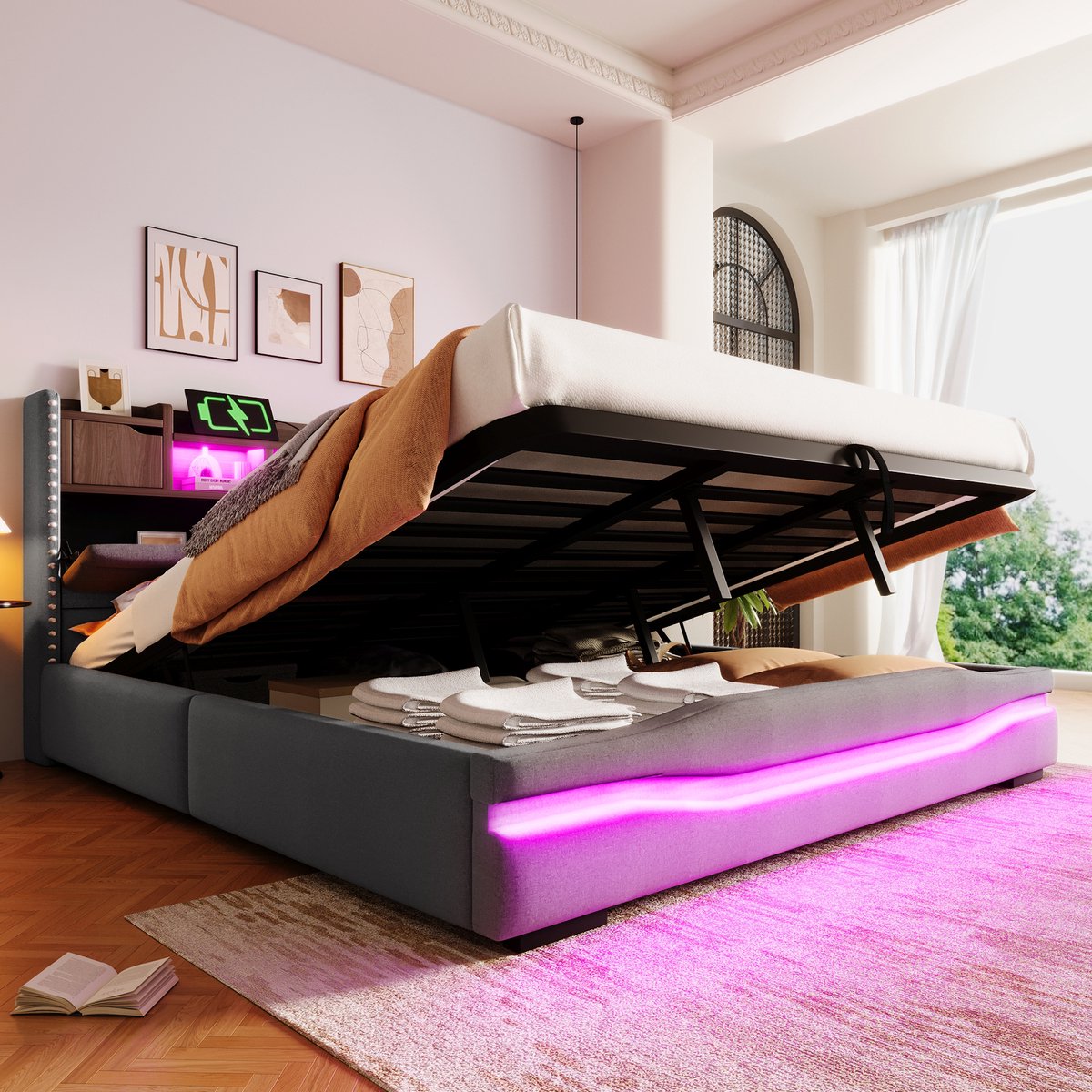 Merax Gestoffeerd bed 180x200 cm - met USB-C oplaadfunctie - met opbergruimte - met LED-verlichting - grijs - zonder matras