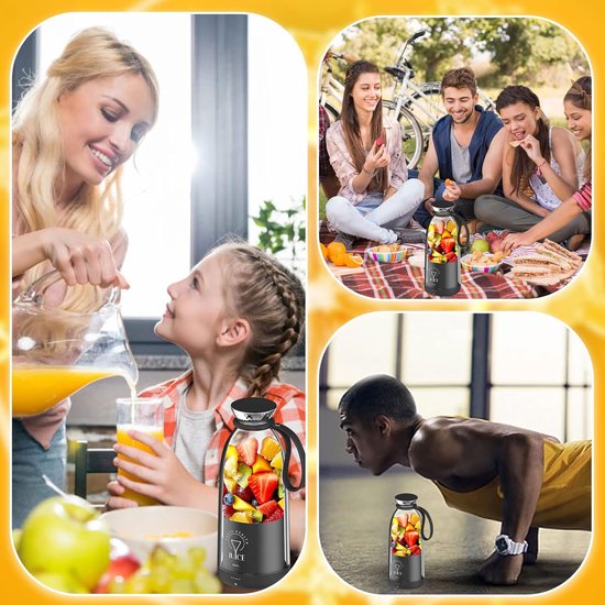 Sander Shop Draagbare Smoothiemaker To Go 500 ml - Oplaadbare Mixer met 6 Messen Roestvrij Staal, Fresh Juice Fles voor Babyvoeding, Sportschool, Reizen (zwart) van Merkloos — afbeelding 4