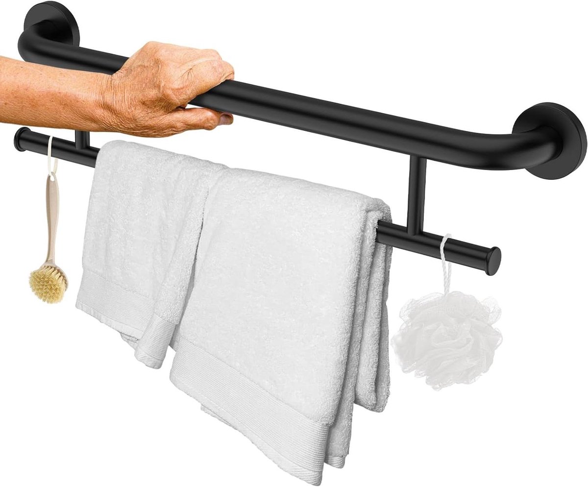 Grijpbeugel met Handdoekhouder - Veiligheidshandgreep Douche - Badkamer Veiligheid - Roestvrij Staal 304 - 61 cm - Mat Zwart