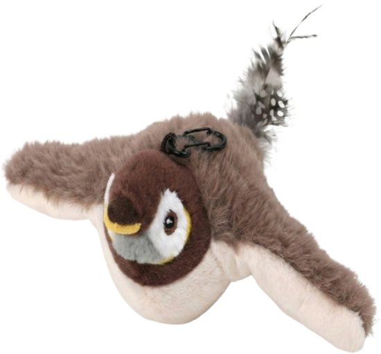 Bruine en crème vogelknuffel met gevlekte staartveren, vliegend met uitgespreide vleugels.