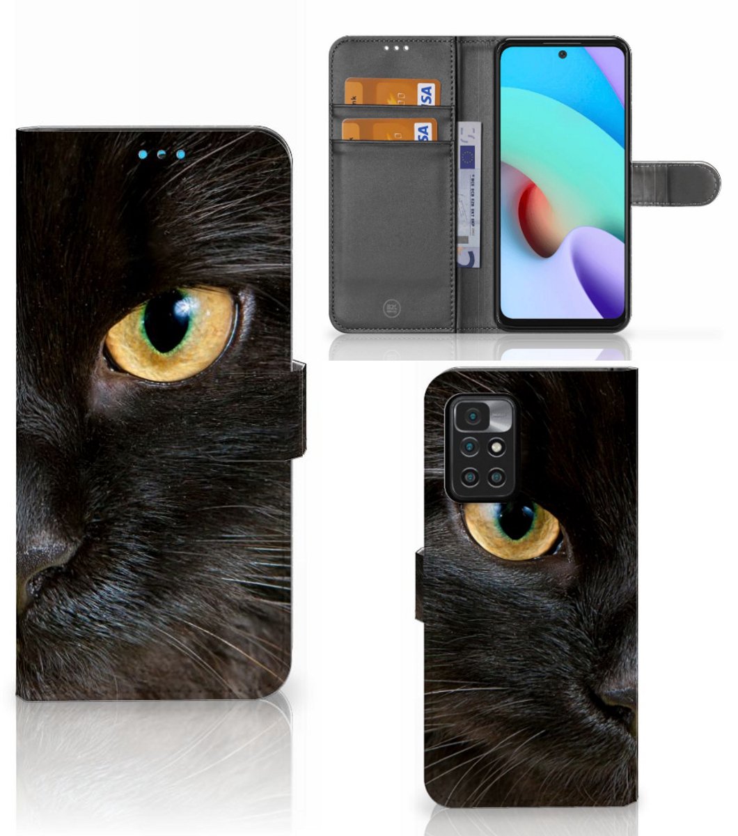 Xiaomi Redmi 10 Telefoonhoesje met Pasjes Zwarte Kat