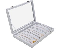 Grey Velour Necklace Jewelry Organiser Storage Display Cabinet Box Tray with 20 Hooks and Lockable Glass Lid – Stackable Bin for Drawer – For Necklaces, Bracelets, Earrings