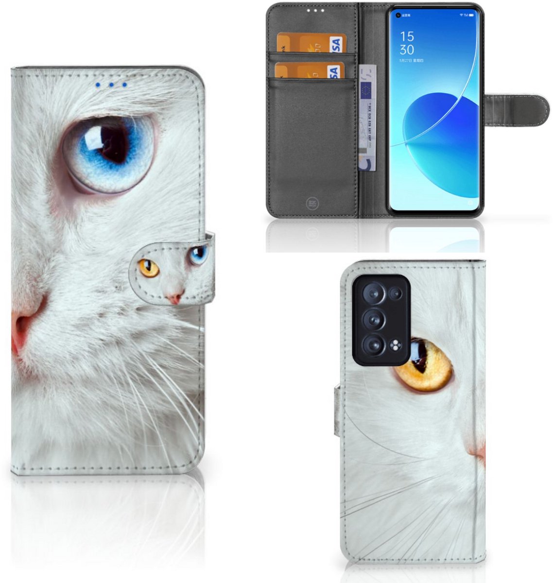 OPPO Reno 6 Pro Plus 5G Telefoonhoesje met Pasjes Witte Kat