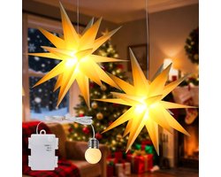 iBaycon Sterren Kerstlichtketting voor buiten, 45 cm, werkt op batterijen, met timer, kerstdecoratie in de vorm van een led-ster, voor tuin, balkon, feest, warm wit, 2 stuks