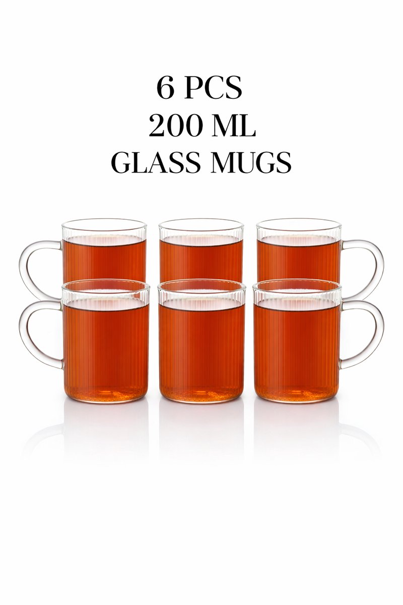 6-Piece Glass Mug Set – 200 ml Ribbed Tea & Coffee Cups – Durable Clear Glass Mugs with Handle