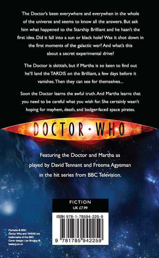 Doctor Who-logo met oranje gloed, met tekst "Featuring the Doctor and Martha".