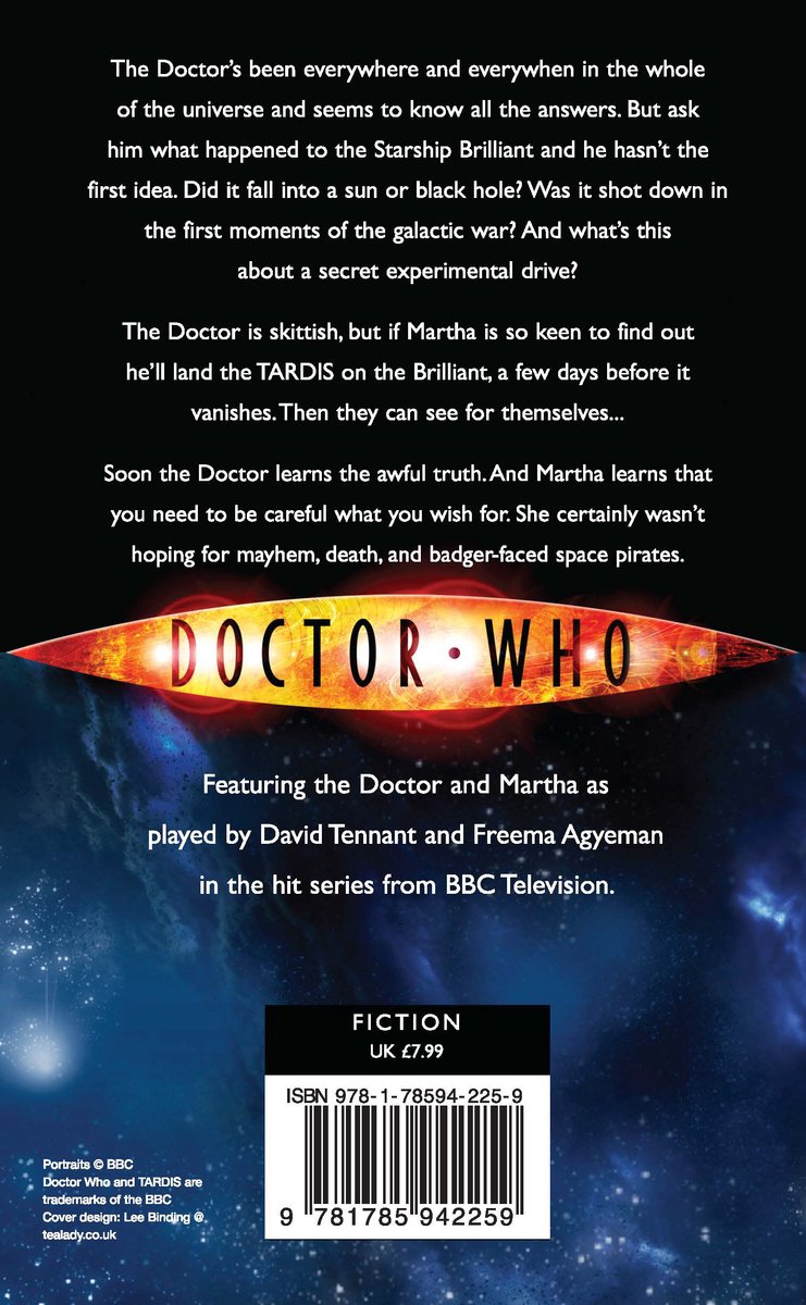 Doctor Who-logo met oranje gloed, met tekst "Featuring the Doctor and Martha".