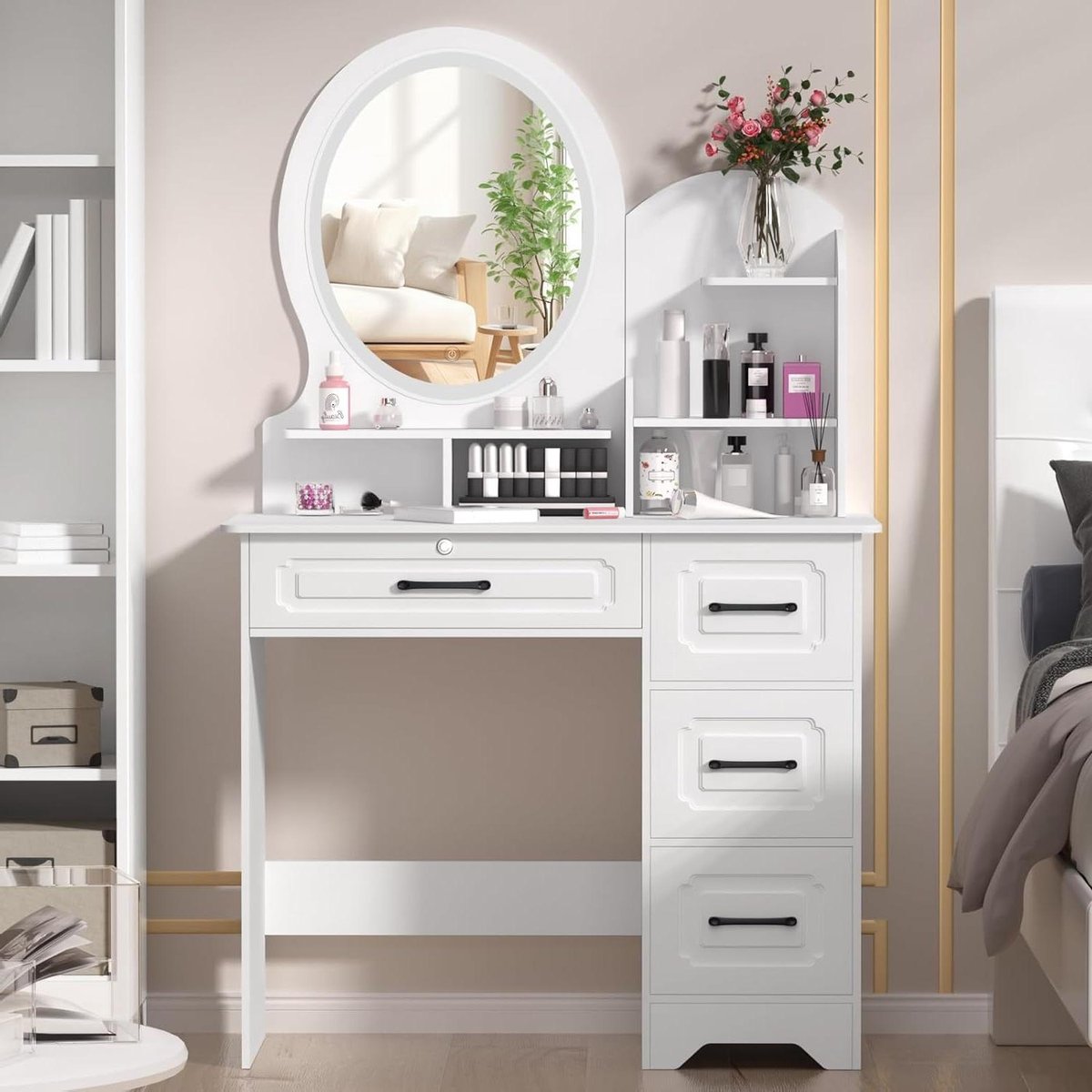 Kaptafel met Spiegel - Make-uptafel Slaapkamer - Make-up aanbrengen - Verstelbare LED Verlichting - 40x101x137 cm - Wit