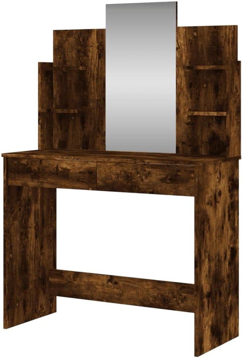 Kaptafel met Spiegel - Make-up tafel Wandtafel - Cosmetica Opbergen - 4 Kleine Legplanken - 96x39x142 cm - Gerookt eiken
