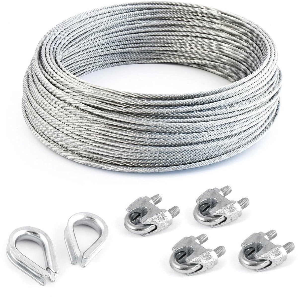 Staaldraad set - Verzinkt staalkabel - Hekwerk en boten - Inclusief 4 clips en vingerhoeden - 50 meter 10mm