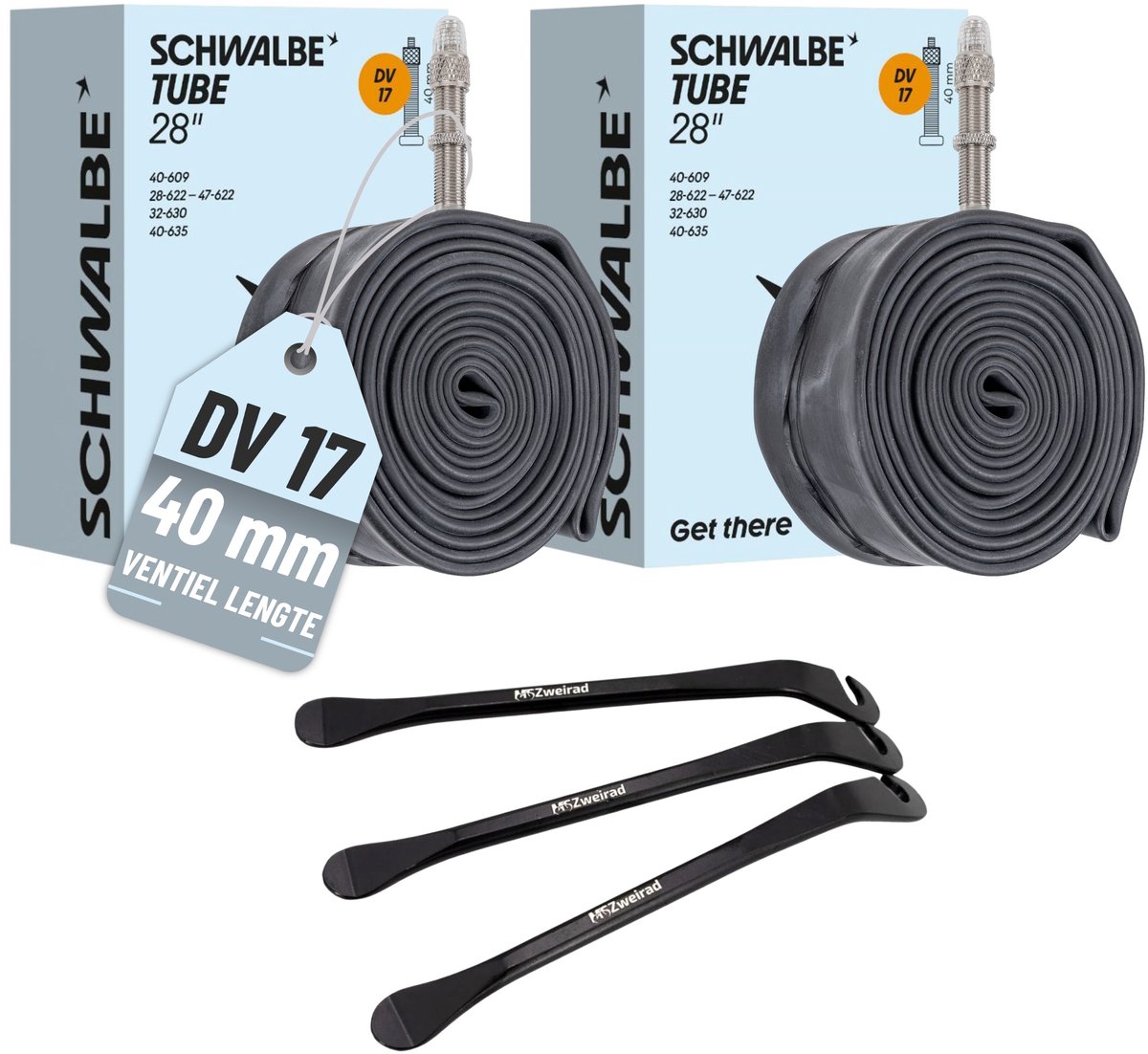 2x Schwalbe binnenband 28 inch DV 17 Hollands-Dunlop ventiel (40mm) met 3x MSZweirad bandenlichters