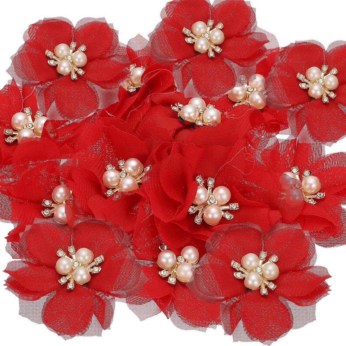 Chiffon Bloem Applicaties - Stoffen Bloemen Parels - Ambachtelijke Decoratie - Met Parel en Strass - 60mm Doorsnede - Rood