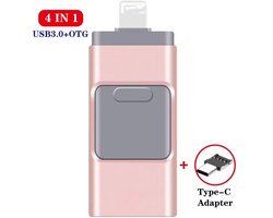 4-in-1 USB Flash Drive 128GB USB 3.0 Geheugenstick – Externe Opslag, geschikt voor iPhone, Android, Telefoon, Type-C & Windows (USB stick, geheugenkaart, opslag stick, OTG)- Roze