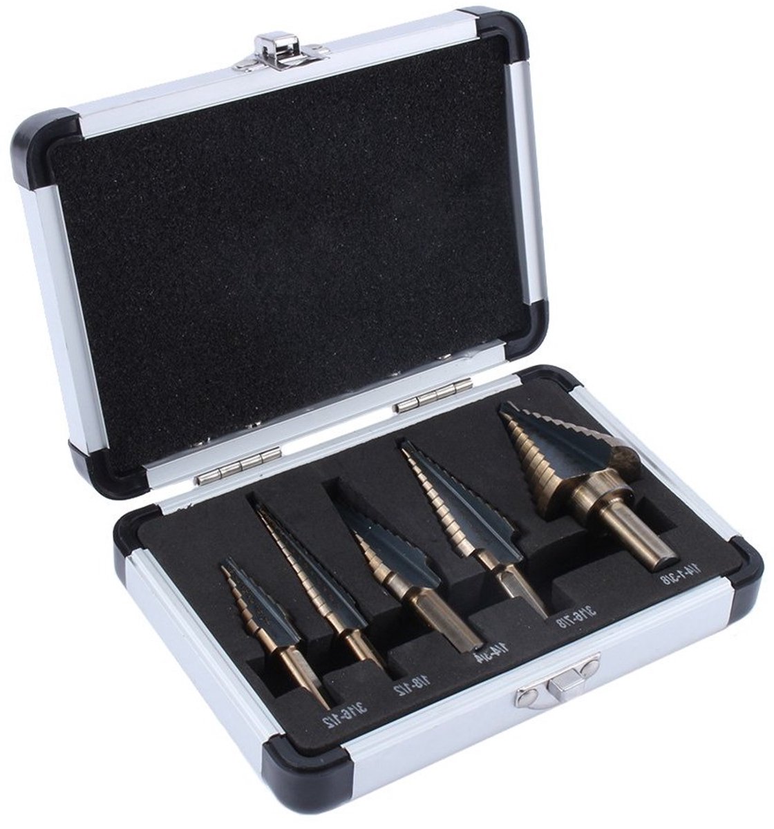 Professionele 5-delige HSS Meerdere Gaten Stapboor Set met Aluminium Behuizing voor Precisie Boren en Snijden van Diverse Maten