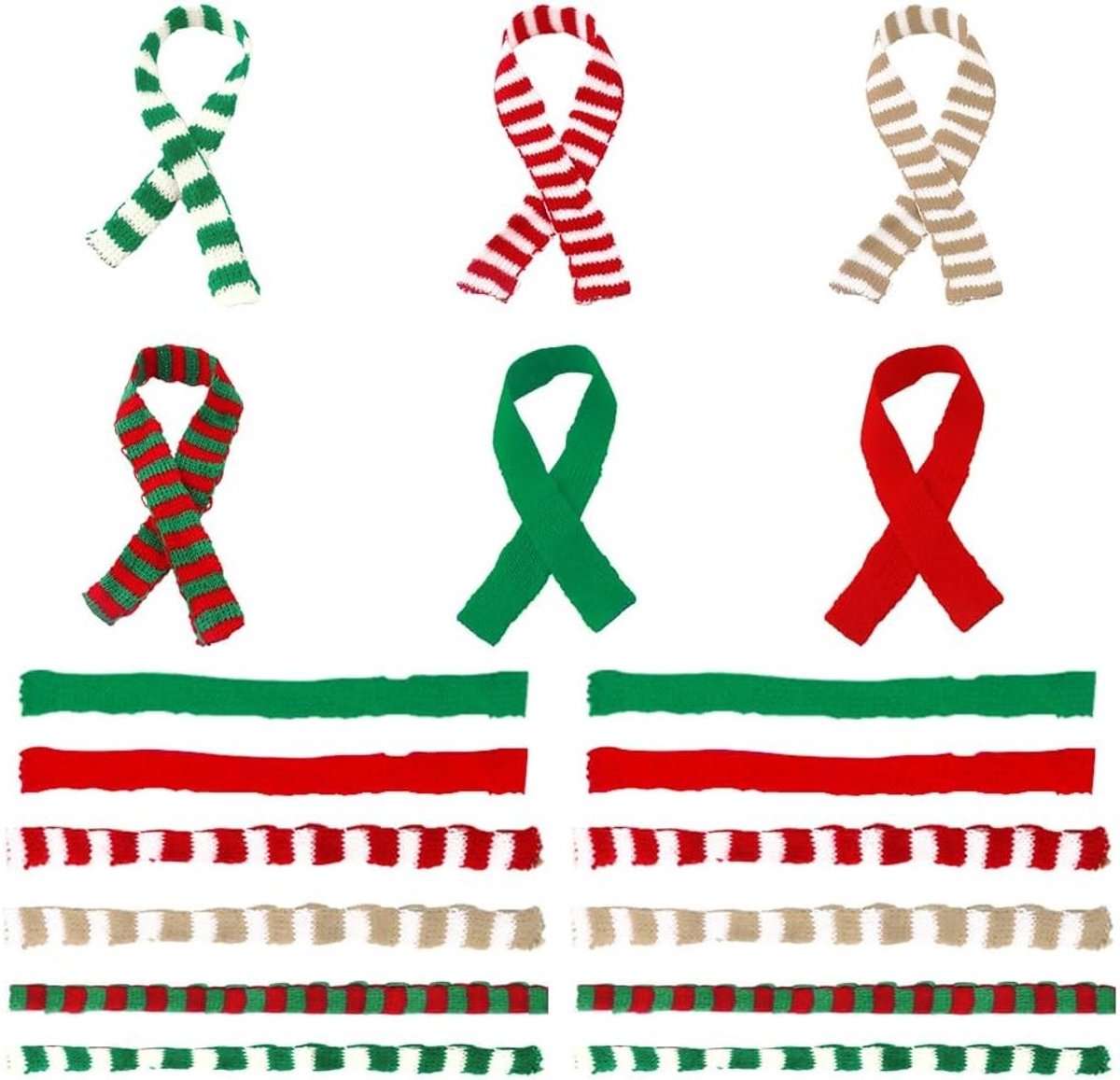 Mini Kerst Scarf Set van 54 Stuks - Gehaakte Mini Sjaals voor Flessen, Kerstdecoraties, Feestversiering in 6 Kleuren en 3 Maten