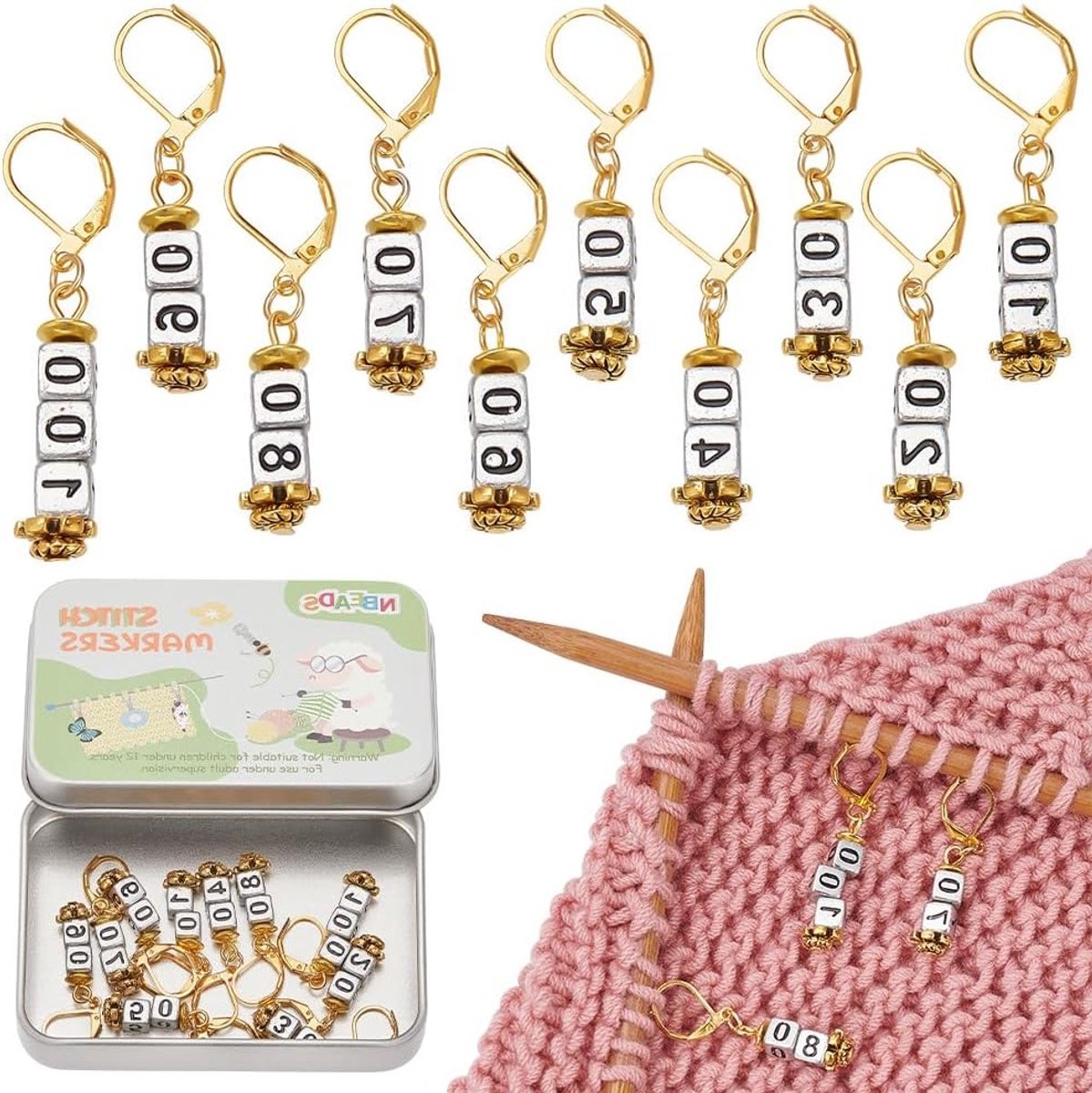 10 Stuks Grade 10-100 Acryl Kralen, Vierkante Nummer Kralen Haakmarkeerders met Vergrendelbare Lus, Brei- en Haakaccessoires voor Het Markeren van Richtlijnen
