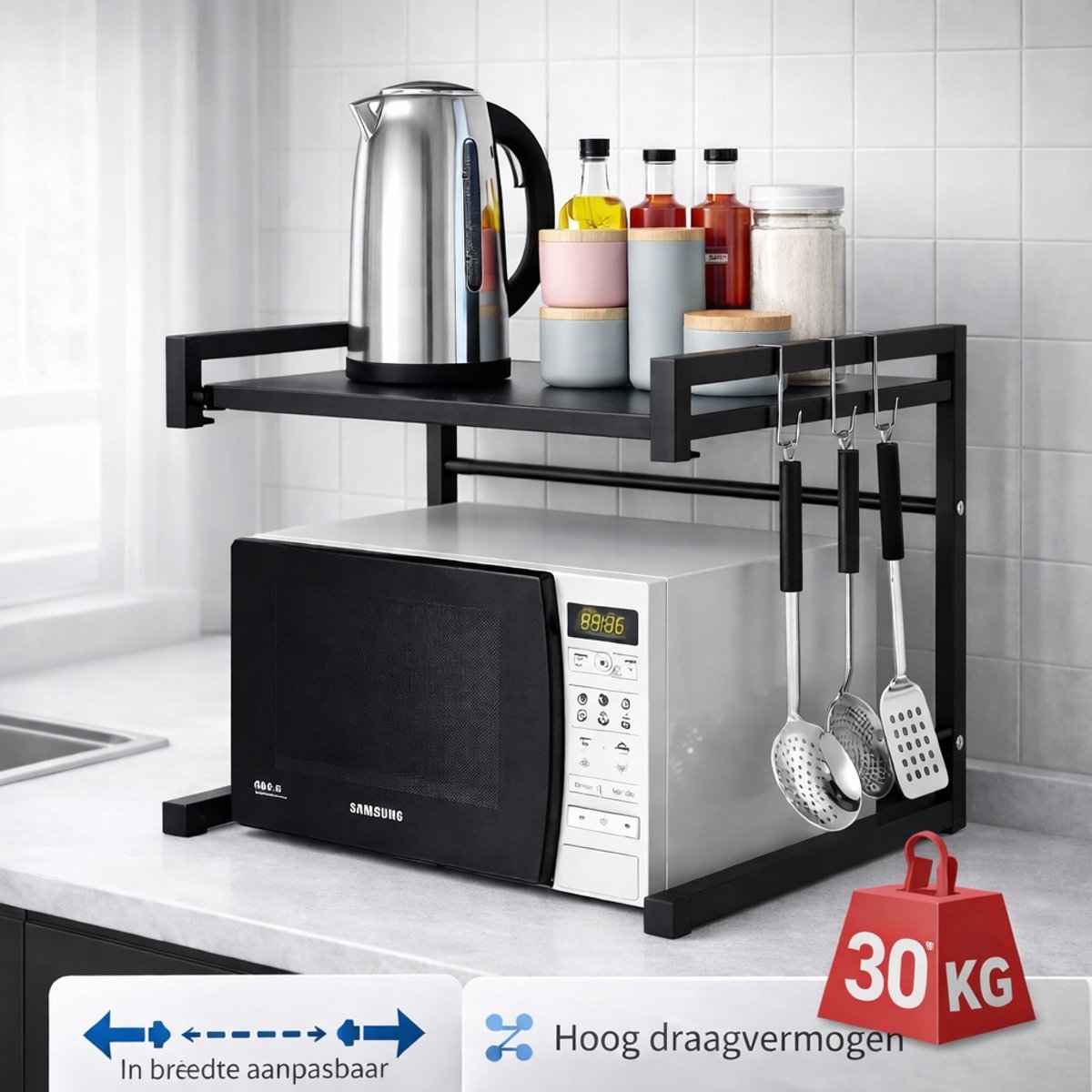 MeubelsvanJoep magnetron rek - magnetronkast - keuken organizers - uitschuifbaar 40-65 cm - kruidenrek - NIET ophangbaar - aanrecht organiser - bureau organizer - keuken opbergrek - keukenrek staand - keukenrek - magnetronrek