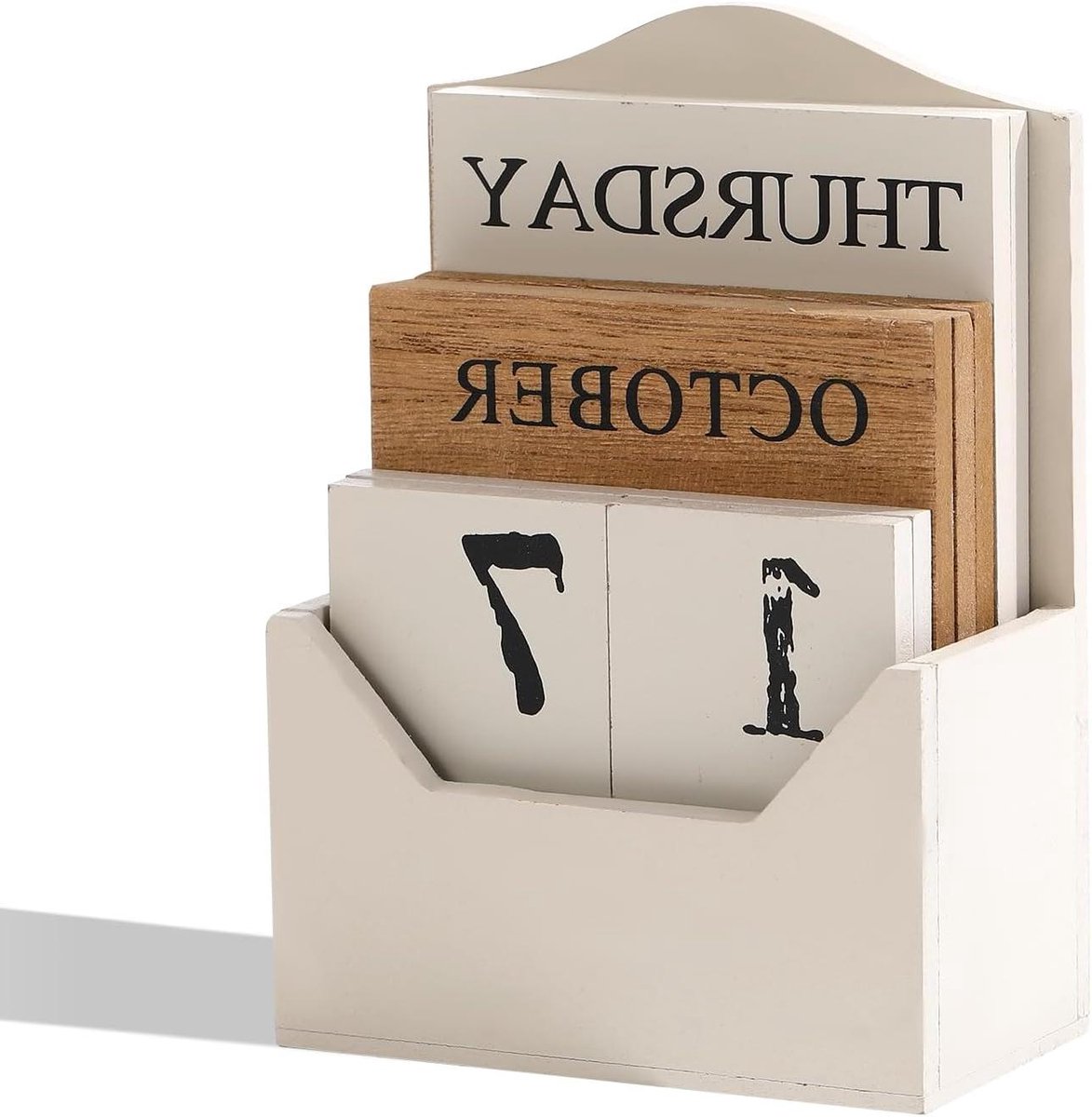 Houten Kalender - Bureaukalender Blokken - Datum Weergeven - Herbruikbaar Hout - 10.5 x 5.5 x 15 cm - Wit