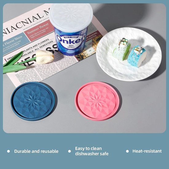 Herbruikbare Yoghurt Deksel - Siliconen Deksel Beker - Lekvrij Bewaren - Omkeerbaar Onderzetter - 9.5 cm Diameter - Blauw Roze Wit — afbeelding 3