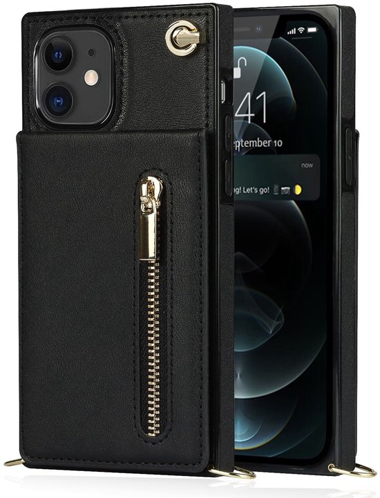 Zwart telefoonhoesje met portemonnee en ritsvak, met telefoon erin.