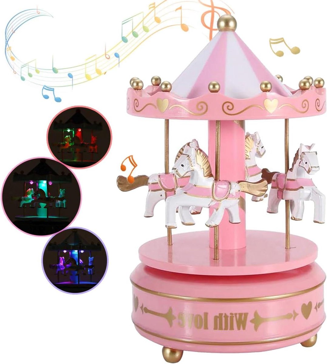 Muziekdoos Carrousel Paarden - Draaimolen Doos Speelgoed - Decoratie Kamer - 7 Kleuren LED - 18 cm Hoog - Roze