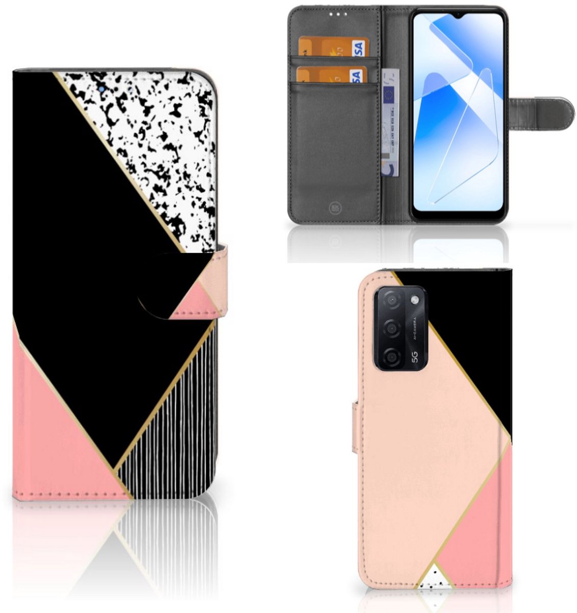 OPPO A16/A16s/A54s Book Case Zwart Roze Vormen