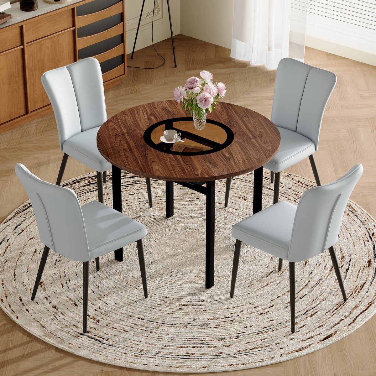 STILVORA Eettafelset 100 Cm - Ronde Tafel Met 4 Eetkamerstoelen - Voor Eetkamer En Keuken - Glas, Metaal En PU - Bruin Houtkleur + lichtgrijs