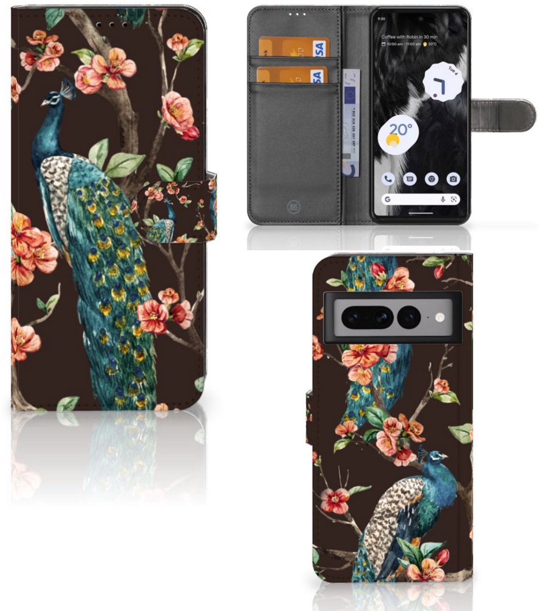 Google Pixel 7 Pro Telefoonhoesje met Pasjes Pauw met Bloemen