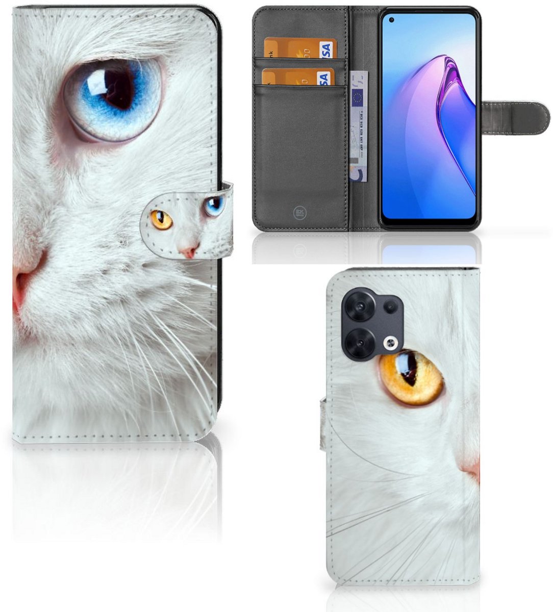 Boekhoesje voor OPPO Reno8 Telefoonhoesje met Pasjes Witte Kat