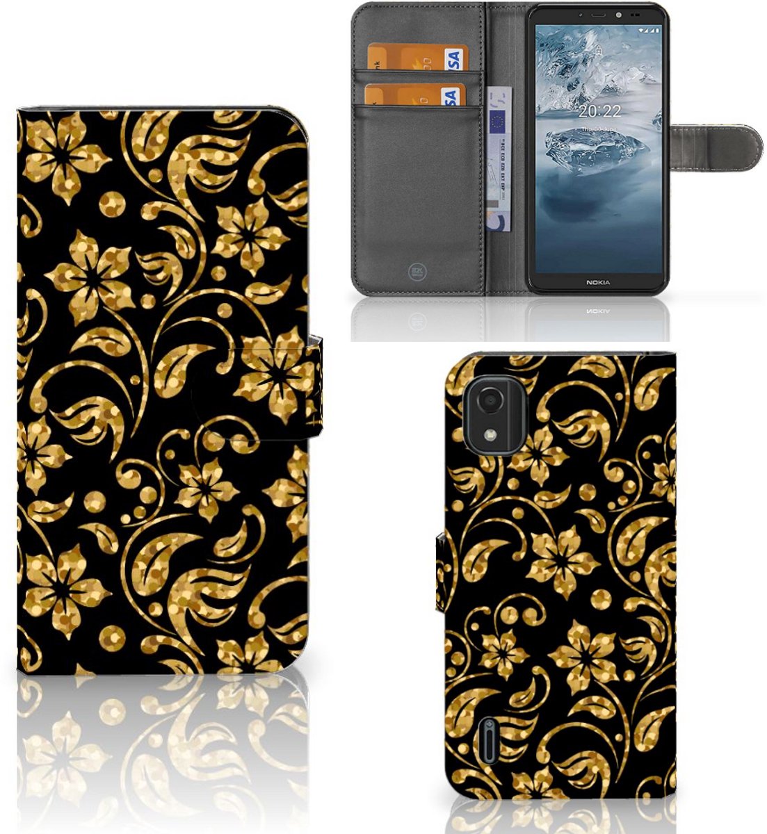 Nokia C2 2nd Edition Hoesje Gouden Bloemen