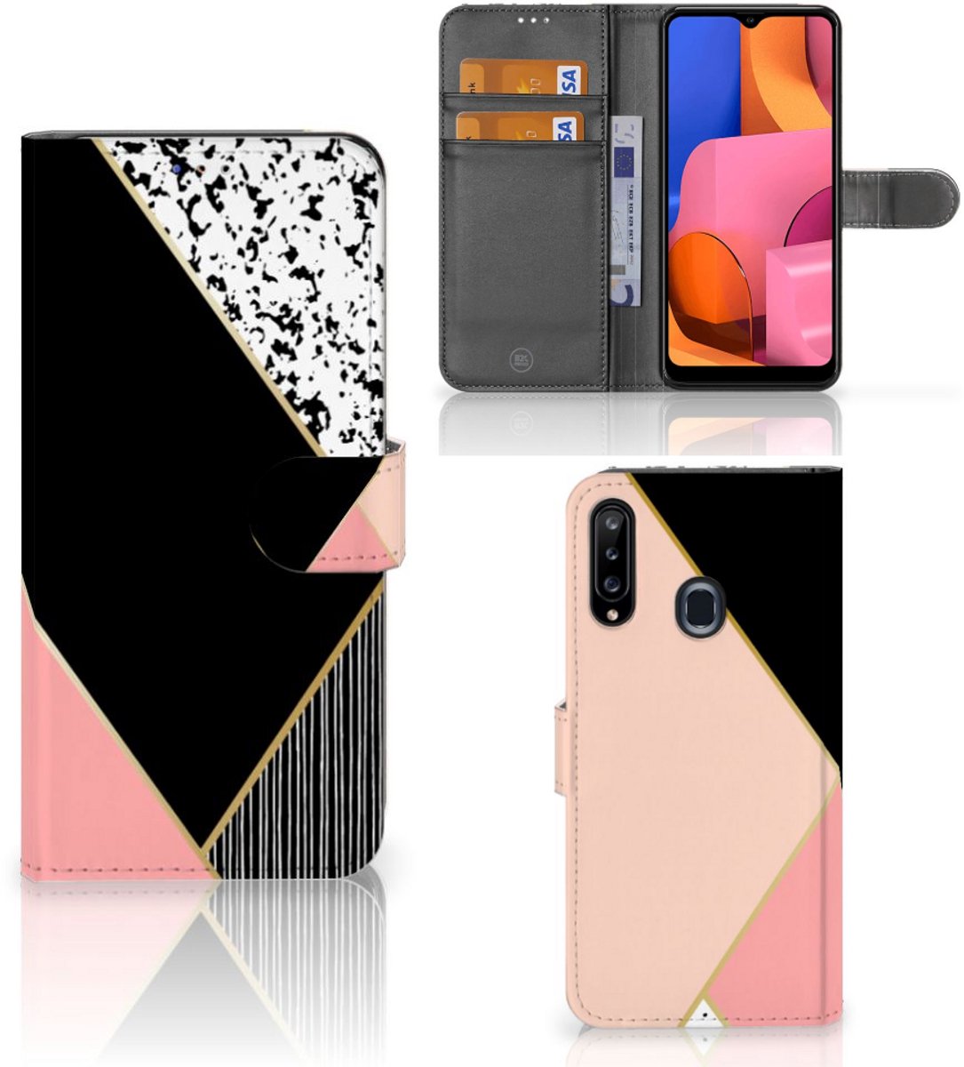Samsung Galaxy A20s Book Case Zwart Roze Vormen
