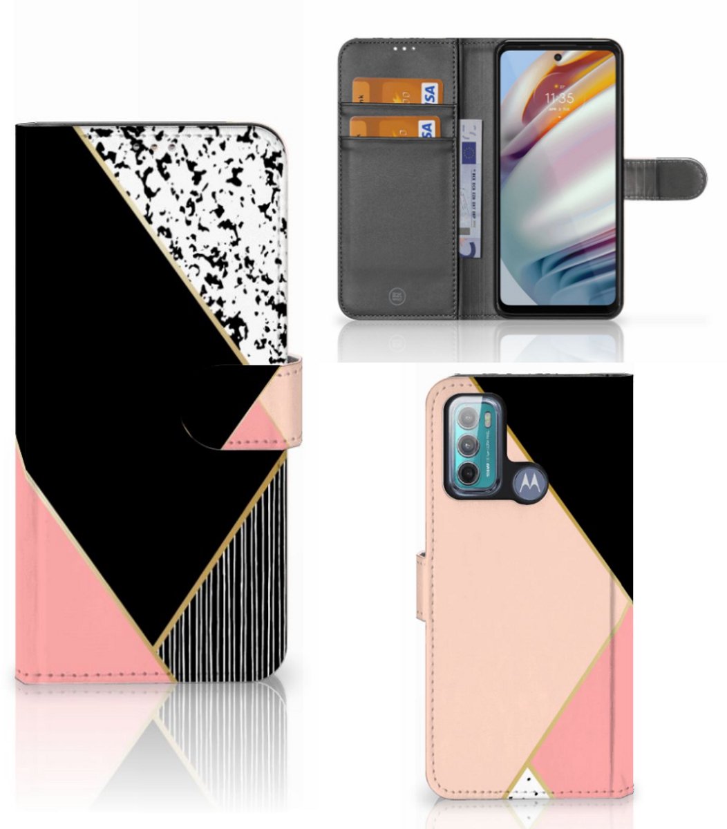 Motorola Moto G60 Book Case Zwart Roze Vormen