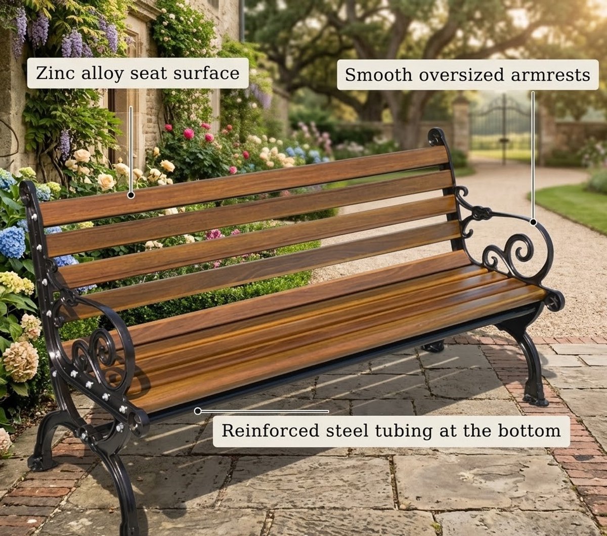 Luxe Klassieke Tuinbank 120 cm met Rugleuning en Armleuningen – Weerbestendige 2-Persoons Buitenbank van Polyhout en Gietijzer, Comfortabele Parkbank voor Tuin, Balkon en Terras