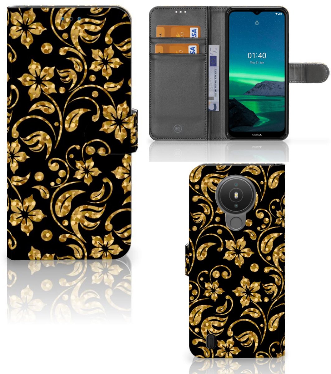 Nokia 1.4 Hoesje Gouden Bloemen